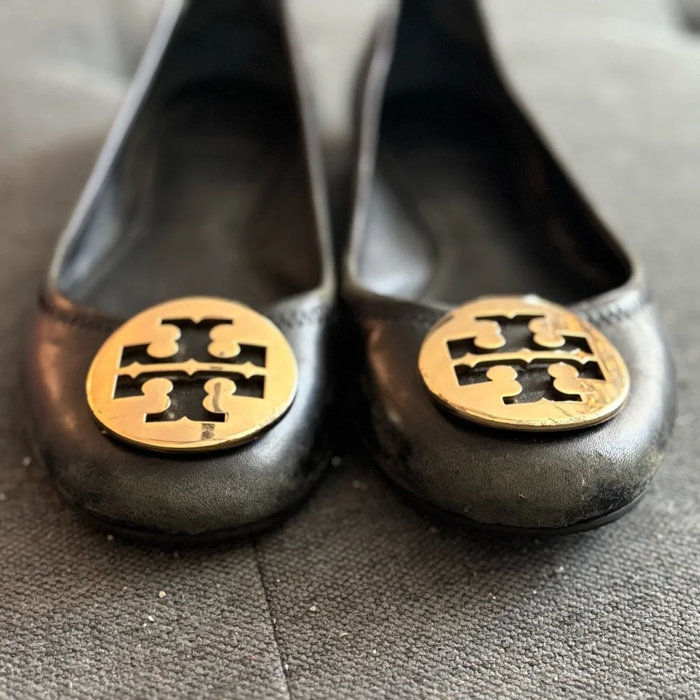 Tory Burch Black Leather Logo Cap-Toe Flats with Gold Emblem